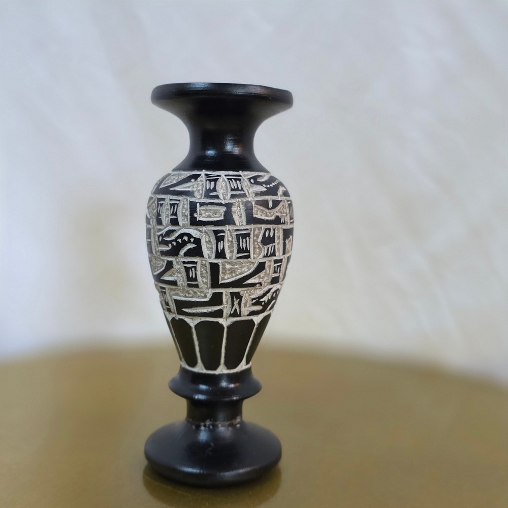 Hand Carved Egyptian Heavy Basalt Vase Black White Etched Stone Decor 6.5 Inch